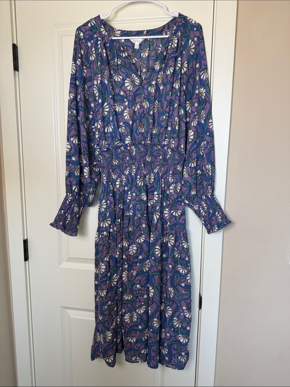 Nicole Miller | Purple Floral Long-Sleeve Smocked-Waist Dress | XL